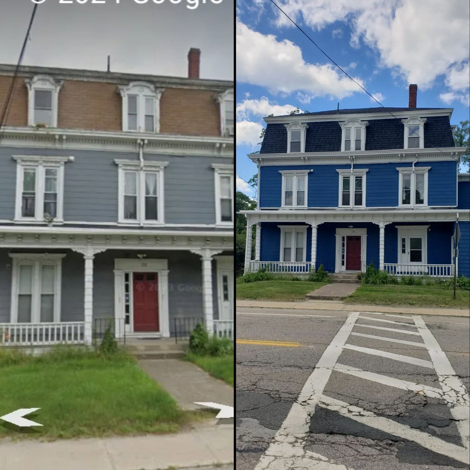 Before and after comparison of Victorian homes with exterior paint restoration
