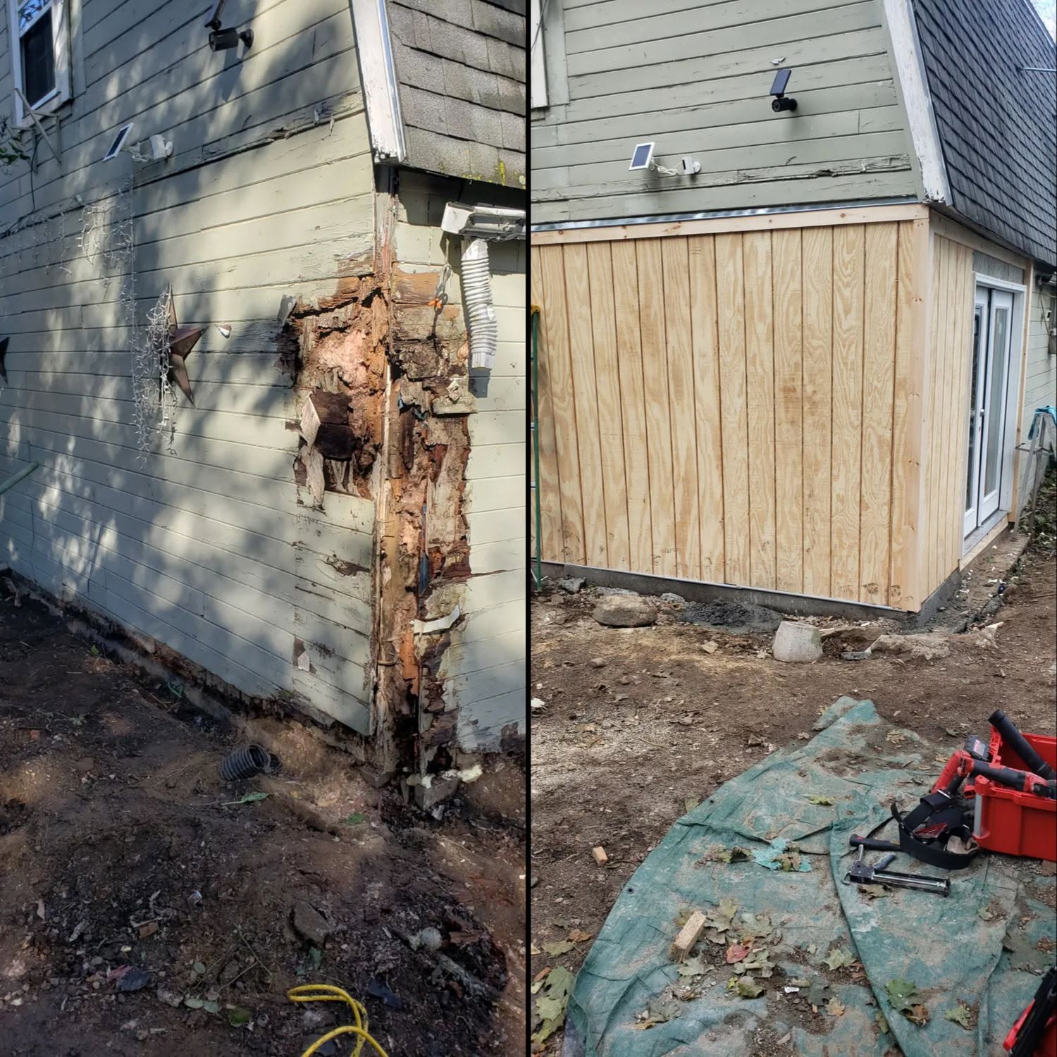 Before and after comparison of rotted wooden siding replacement repair on house corner